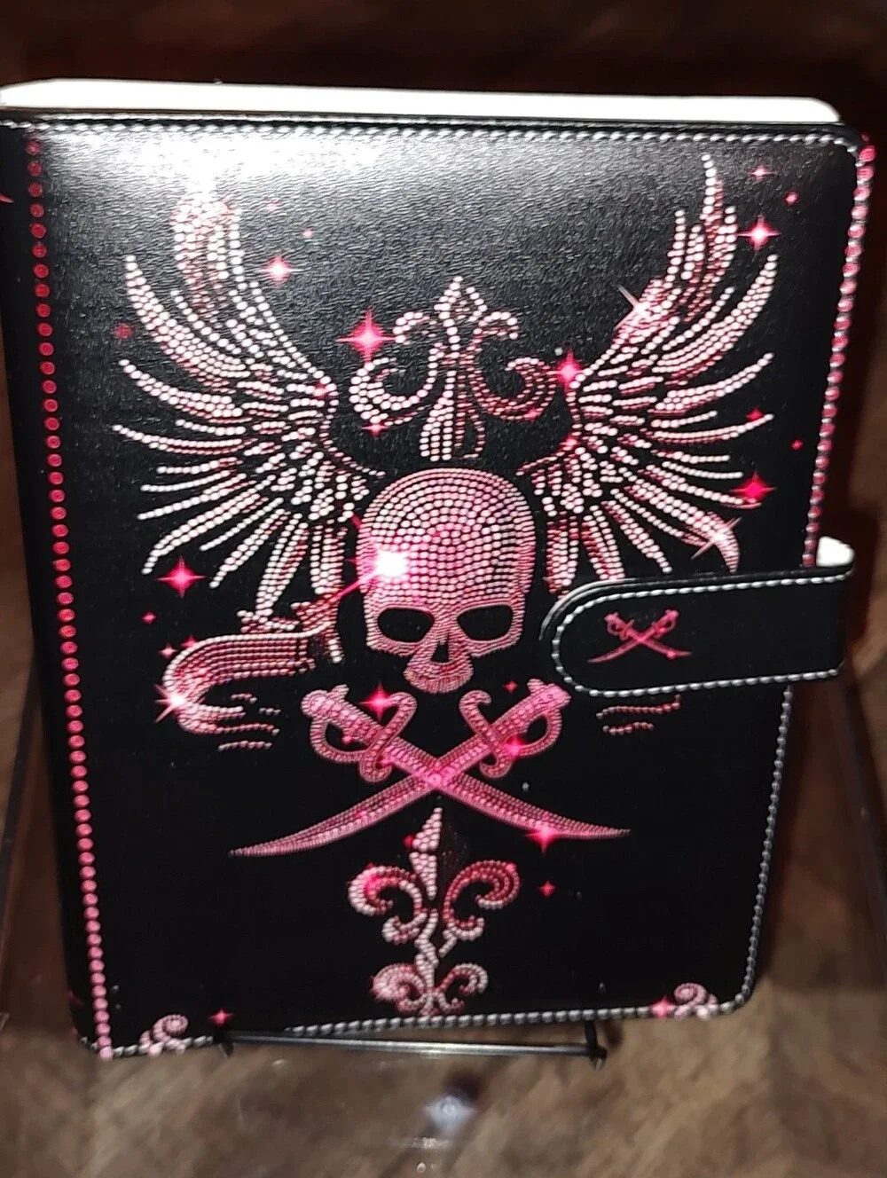 New! A6 PU Soft Leather Black Journal with Pink Rhinestone Skull & Wings